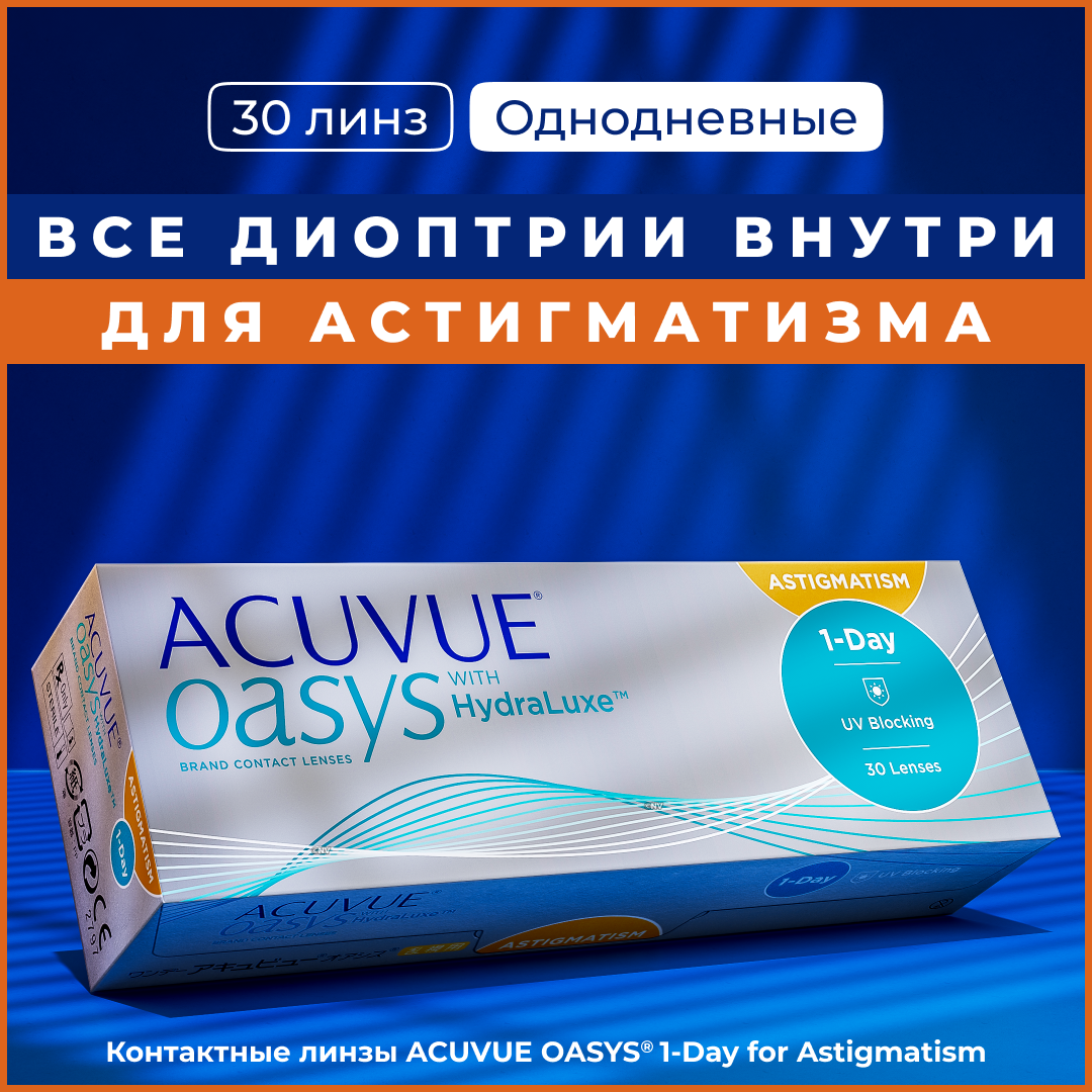 Астигматические линзы Acuvue Oasys 1-Day for Astigmatism, 30 шт, -1.75, Ось:20, Цилиндр:-1.75, R:8,5, режим ношения: дневной