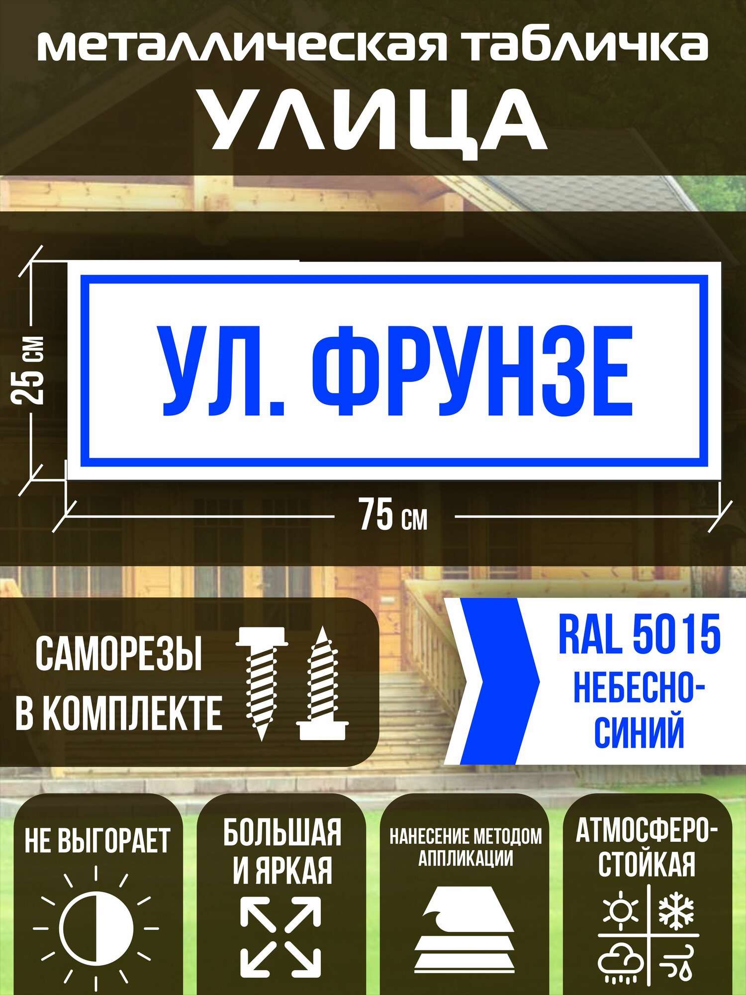 Адресная табличка на дом улица Фрунзе RAL 5015 синяя