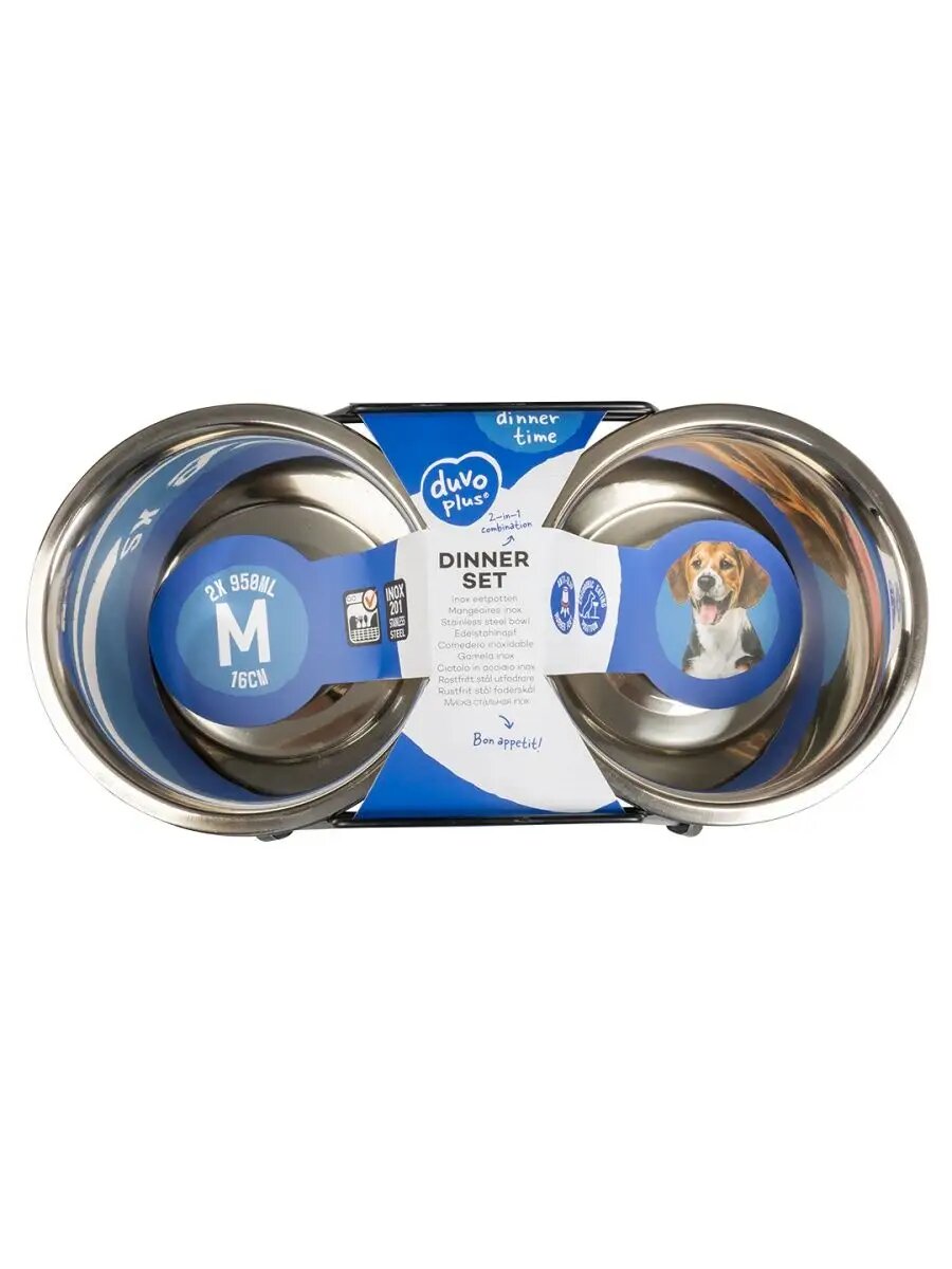 Изображение Миска двойная металлическая на подставке, 2х16cм, 950мл