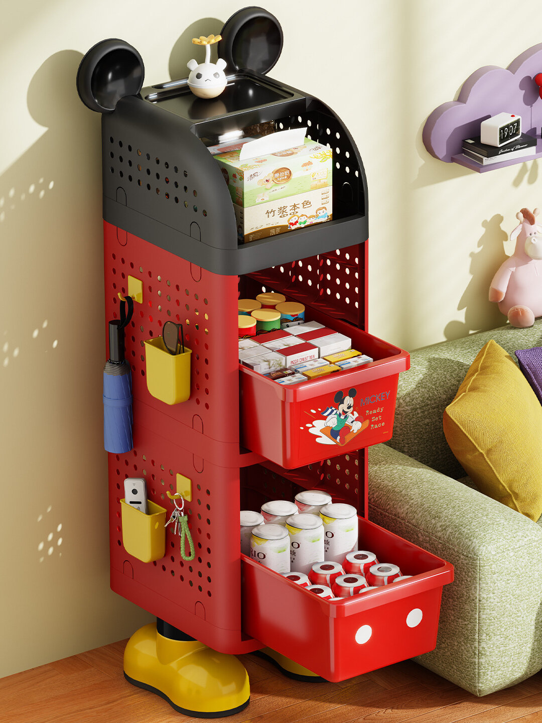 Детский стеллаж-тележка на колёсах — 3-ярусная пластиковая этажерка для игрушек и книг - Черный