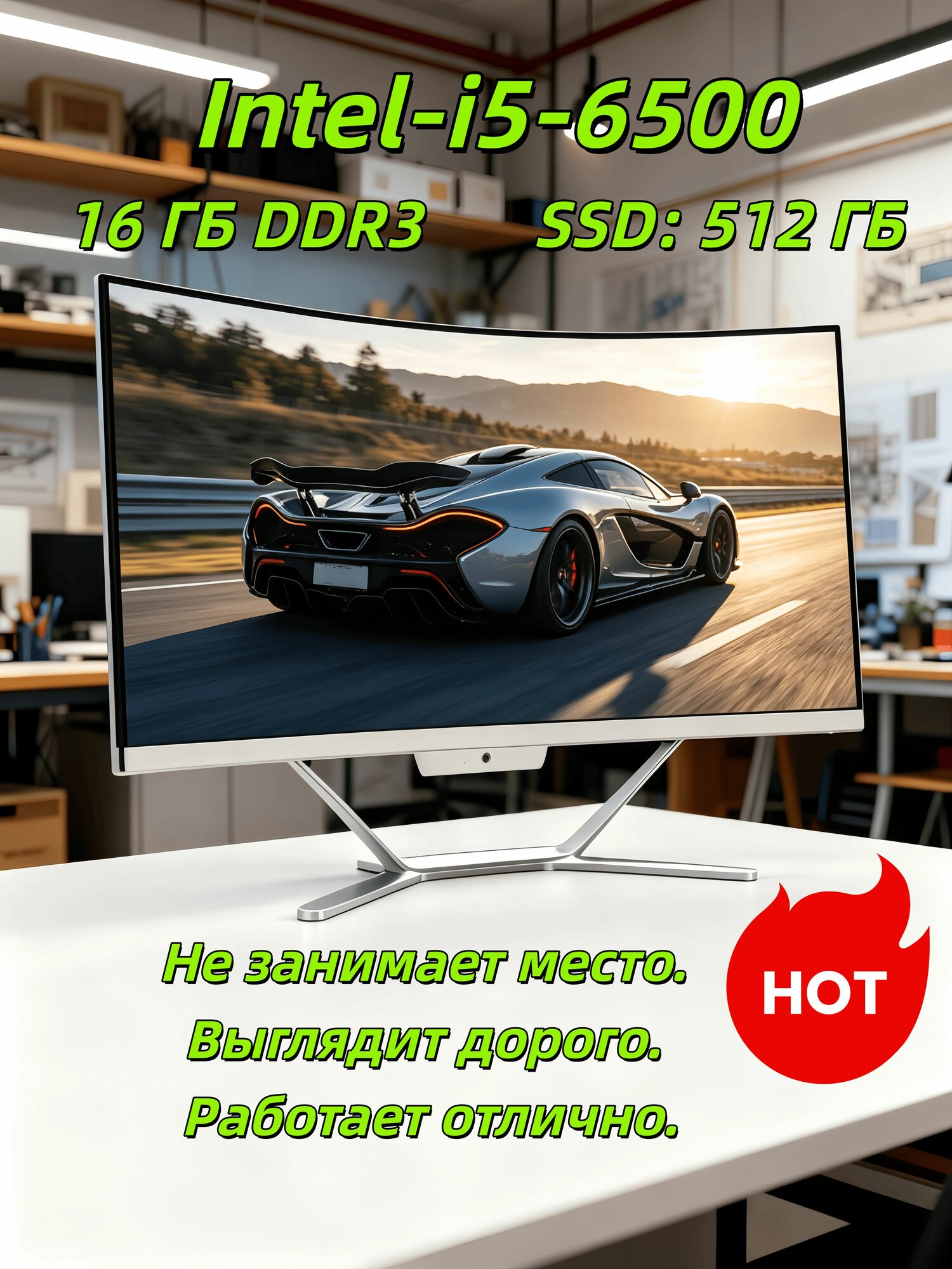 Моноблок 27" изогнутый 3000R Intel i5-6500 16ГБ DDR3 512ГБ SSD Windows 11 25H2 белый с камерой, динамиками, Bluetooth, Wi-Fi, клавиатурой и мышью