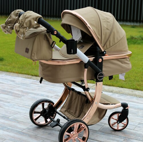 Детская коляска - трансформер 2в1 Teknum 608 С реверсивным блоком Экокожа С сумкой, коричневый