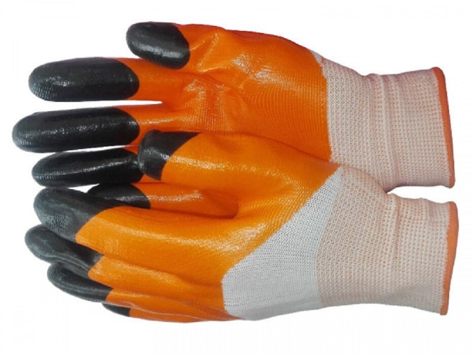 Перчатки нейлоновые с двойным нитриловым покрытием, бело-оранжевые, набор 5 пар