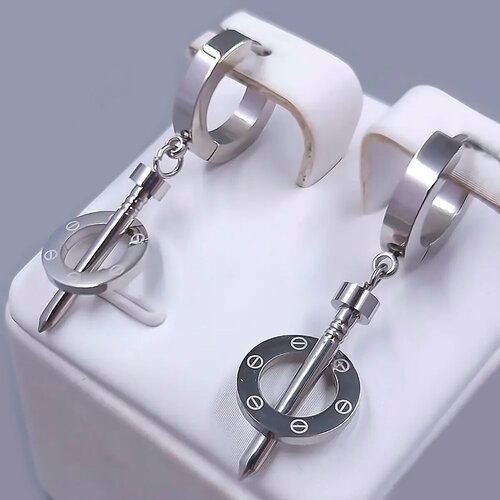 Серьги с подвесками Stainless steel гвоздики, размер 40 мм, серебряный