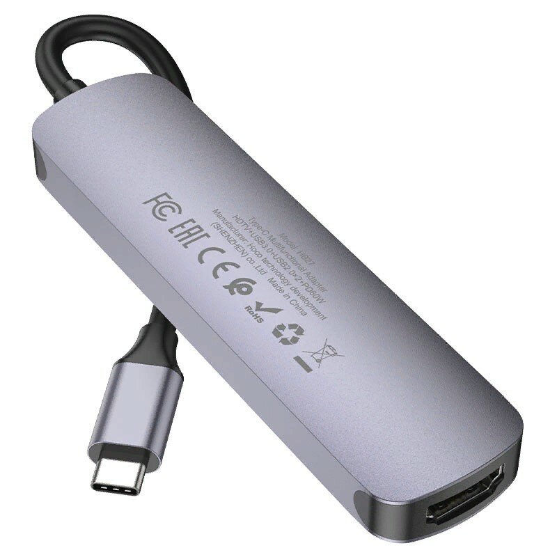 HOCO HB28/ Хаб 6 в 1/ USB 20 1 USB 30 Type-C Card Reader SD Micro SD HDMI серый металл оригинал