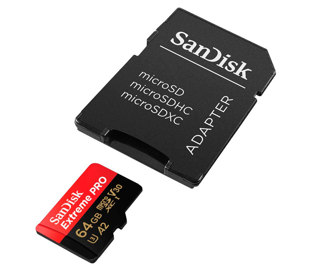 Карта памяти SanDisk MicroSDXC 64GB Extreme PRO A2 V30 UHS-I U3 200/90 МБ/с, с адаптером