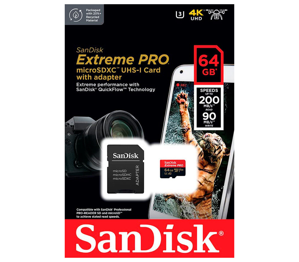 Карта памяти SanDisk MicroSDXC 64GB Extreme PRO A2 V30 UHS-I U3 200/90 МБ/с, с адаптером