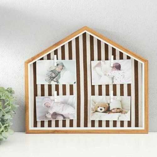 Фоторамка пластик текстиль на 4 фото Милый дом в коричневую полоску с прищепками 40х35 см 2750₽