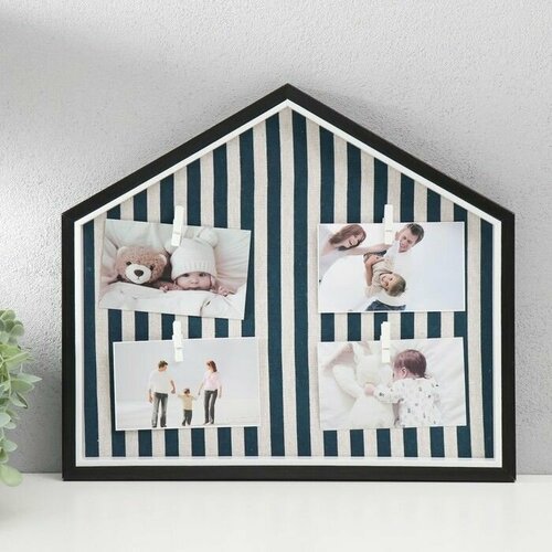 Фоторамка пластик текстиль на 4 фото Милый дом в черную полоску с прищепками 40х35 см 2750₽