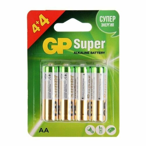 Батарейка алкалиновая GP Super, AA, LR6-8BL, 1.5В, 4+4 шт. gp батарейка алкалиновая gp super аa lr6 80box 1 5в набор 80 шт