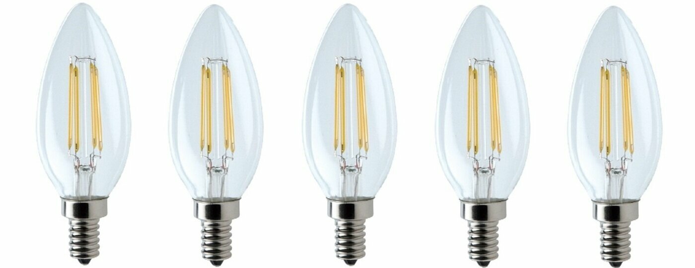 Светодиодная лампочка E14 6 Ватт филаментная диммируемая теплый свет Свеча FL-LED Filament C35 3000К 600лм Foton Lighting набор 5шт.