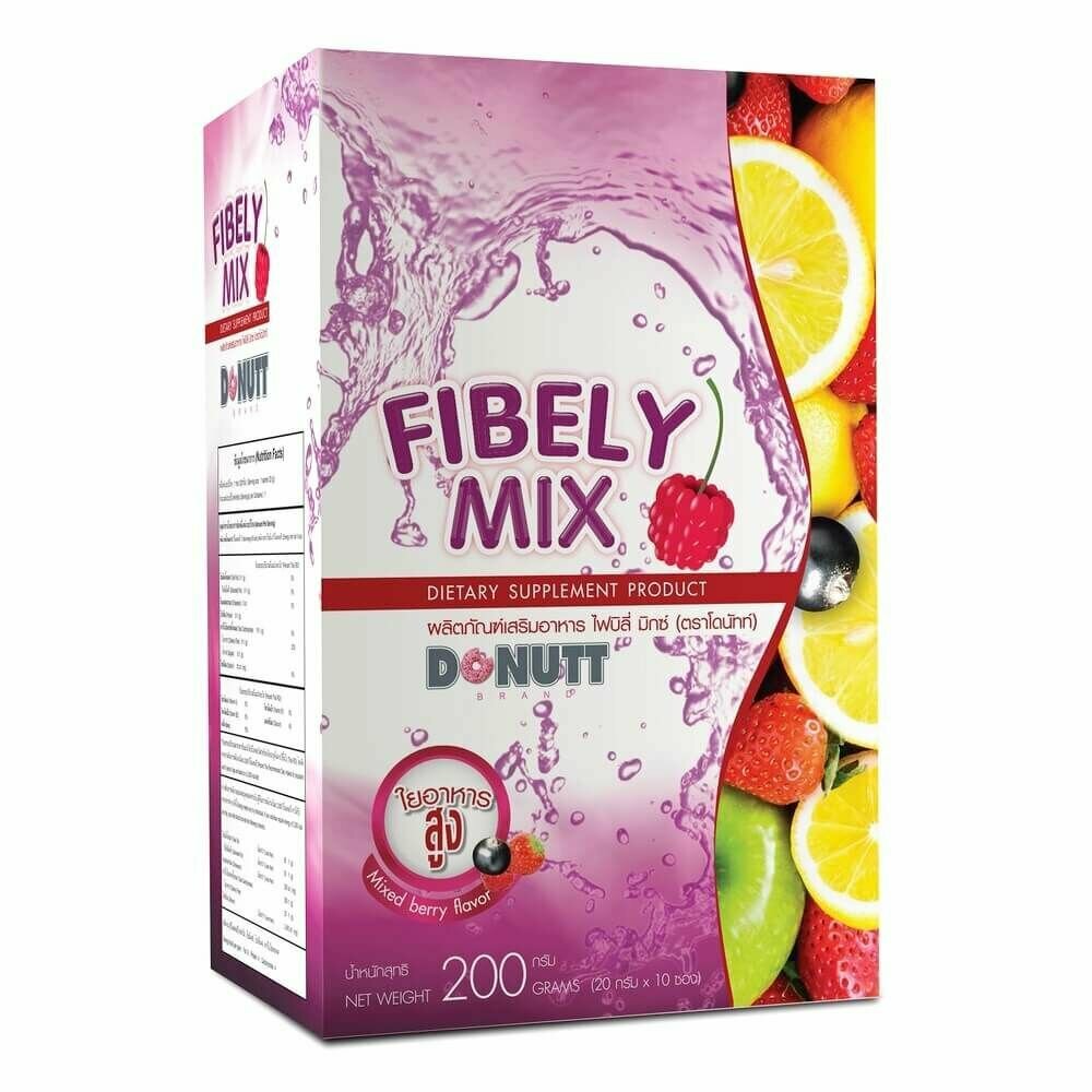 Клетчатка растворимая питьевая ягодная Fibely Mix Donutt (Таиланд), упаковка 10 пакетиков по 20 гр