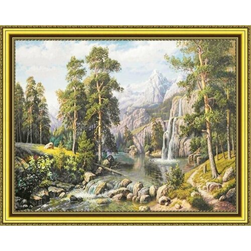Алмазная мозаика на подрамнике 40х50 полная выкладка. Водопад в горах, сосновый лес