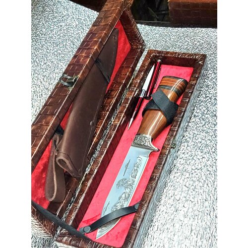 Нож туристический разделочный Сокол в чехле ножнах и подарочный кожаный футляр , ручка нож. (Сталь65х13)