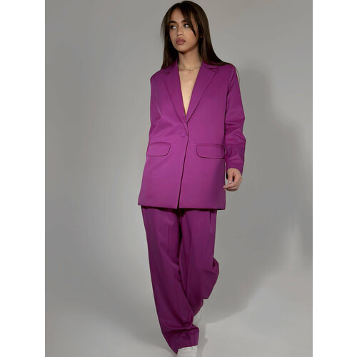 фото Костюм, жакет и брюки, классический стиль, прямой силуэт, пояс на резинке, размер 50, фиолетовый matreshka