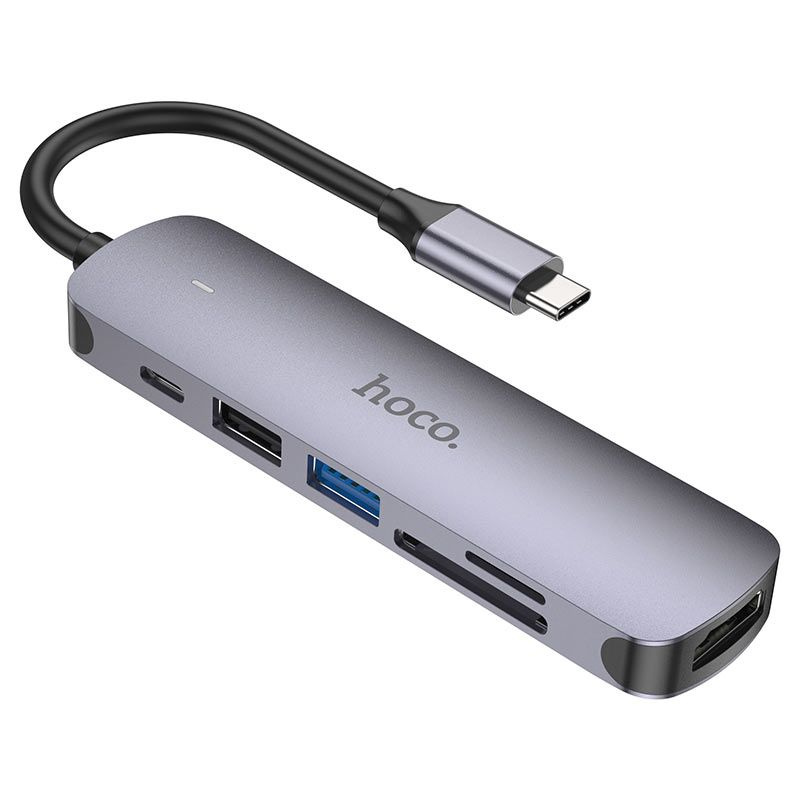 HOCO HB28/ Хаб 6 в 1/ USB 2.0, 1 USB 3.0, Type-C, Card Reader SD, Micro SD, HDMI серый металл оригинал.