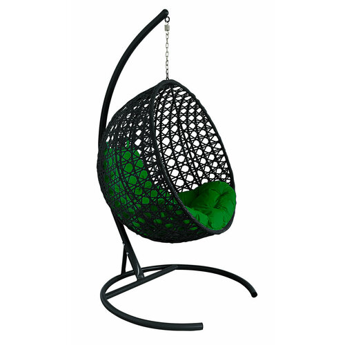 Подвесное кресло круг люкс с ротангом чёрное, зелёная подушка