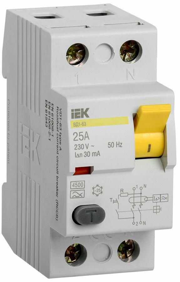 Выключатель дифференциального тока (УЗО) 2п 25А 30мА тип A ВД1-63 IEK MDV11-2-025-030 - фотография № 2