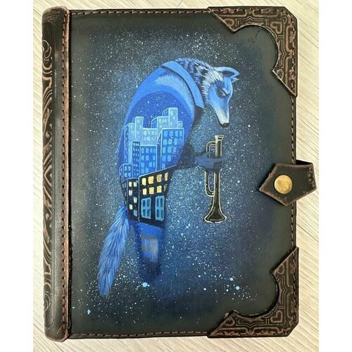 Кожаный блокнот ручной работы Волк с трубой, скетчбук, ежедневник формат А5 на кольцах