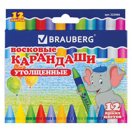 Восковые карандаши утолщенные BRAUBERG, набор 12 цветов, 222966 пифагор восковые карандаши утолщенные 12 шт