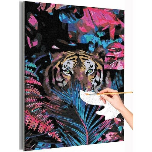 тигр поп арт раскраска картина по номерам на холсте Тигр в джунглях / Символ года / Животные Раскраска картина по номерам на холсте с неоновой краской 40х60
