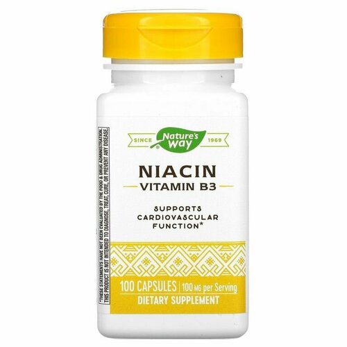 Витамин В3 (Ниацин) 500мг, Nature's Way, Niacin 100 капсул / Для энергии, обмена веществ, похудения, мозга, кожи / Для взрослых мужчин и женщин