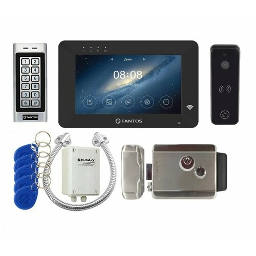Комплект видеодомофона для дома Tantos Rocky HD Wi-Fi (черный) и iPanel2 HD (черный) c замком и кодонаборной панелью