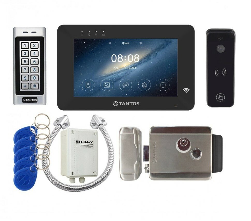 Комплект видеодомофона для дома Tantos Rocky HD Wi-Fi (черный) и iPanel2 HD (черный) c замком и кодонаборной панелью