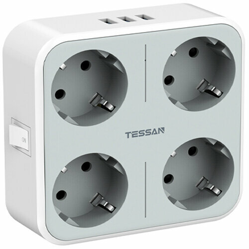 Сетевой фильтр без провода TESSAN TS-302-DE 4 универсальные розетки 3600 Вт + USB зарядка 3 порта до 3А серый