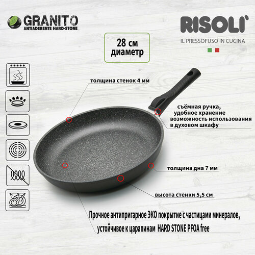 Сковорода Risoli Granito Premium Click, 28 cм, антипригарное покрытие, литой алюминий, съемная ручка, без крышки, Италия