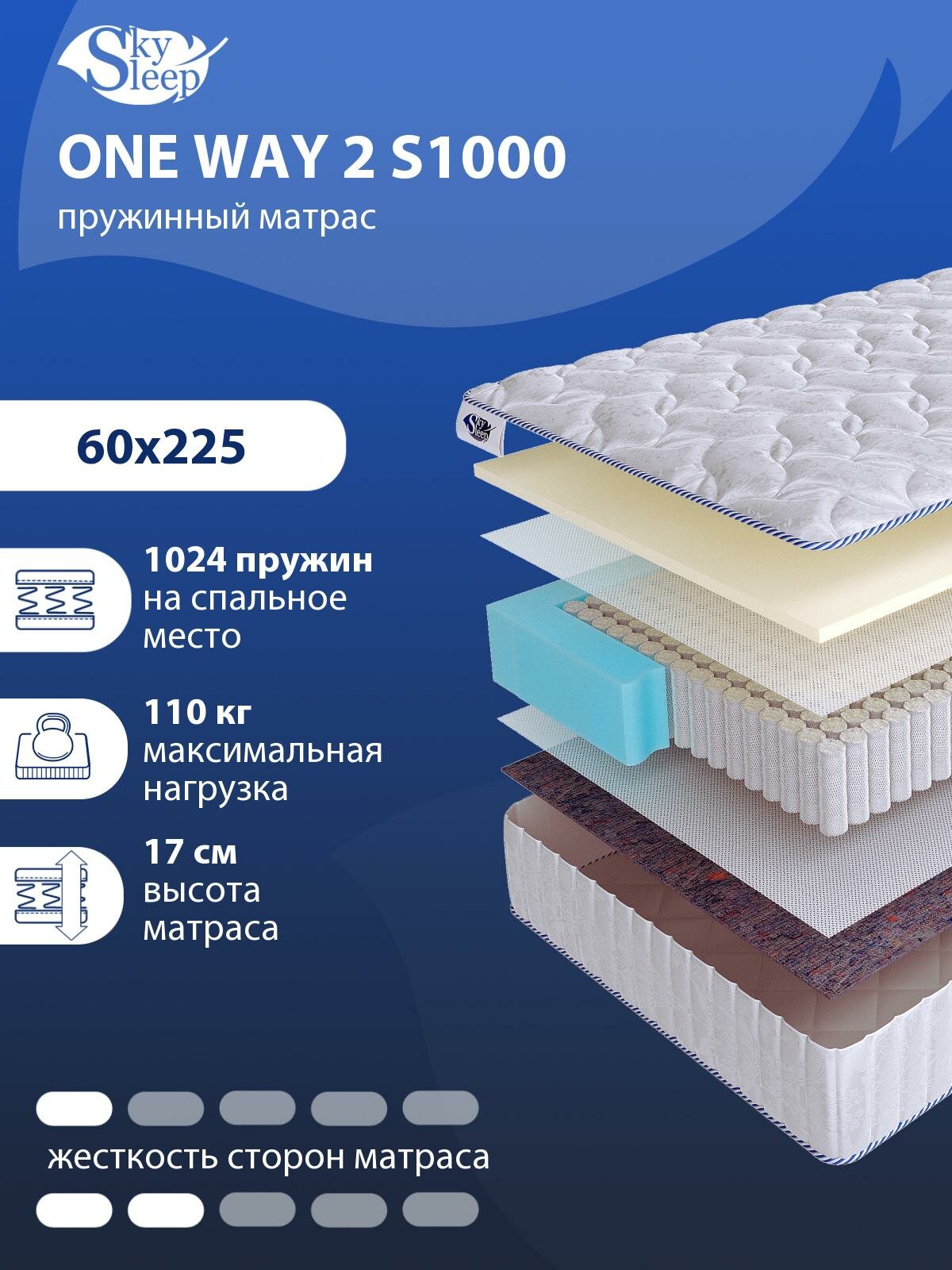 Односторонний ортопедический матрас SkySleep ONE WAY 2 S1000 на кровать 60x225