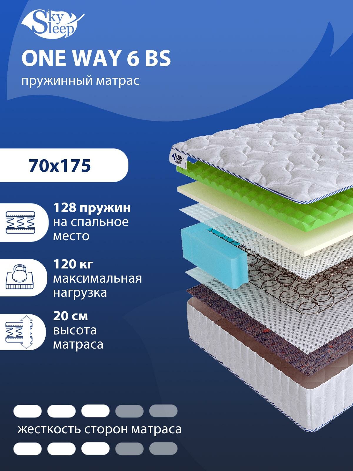 Односторонний ортопедический матрас SkySleep ONE WAY 6 BS на кровать 70x175