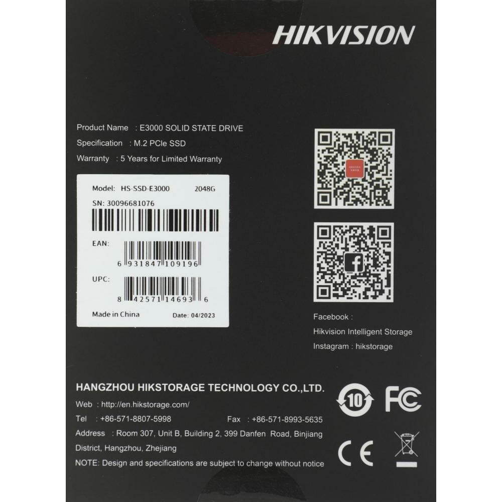Твердотельный накопитель Hikvision 2 ТБ M2 HS-SSD-E3000/2048G