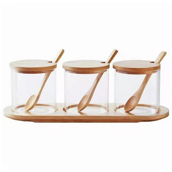 Набор банок для сыпучих продуктов Kimberly 3442630 стеклянные с деревянной подставкой и ложками, 3 шт х 300 мл