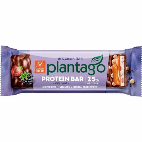 фото Батончик plantago с высоким содержанием белка глазированный crunch ягодный пай 25% протеина с коллагеном и витаминным комплексом