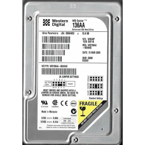 Жесткий диск Western Digital WD136AA 133Gb 5400 IDE 35 HDD 228500₽