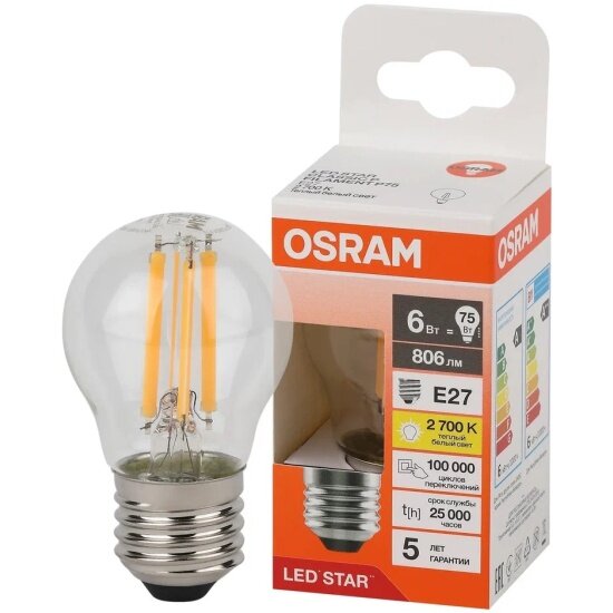 Светодиодная лампа Ledvance-osram Osram LED STAR CL P75 6W/827 220-240V FIL CL E27 806lm