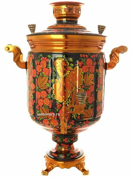 фото Электрический самовар 10 литров с художественной росписью "Хохлома рыжая. Птица", граненый, арт. 121010
