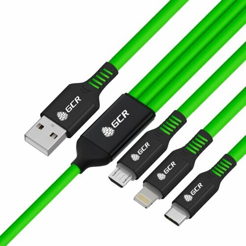 Кабель Gcr 1.3m, 3 в 1 для зарядки MicroUSB / TypeC / Lightning, зеленый, NO Data, -55382 gcr комплект сетевое зарядное устройство 36w на 2 usb порта qc3 0 pd18w [typea typec] кабель typec lightning 1 0m