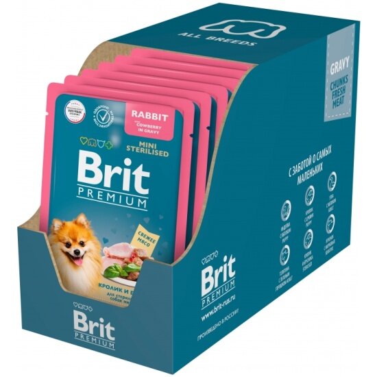 Корм влажный Brit Premium для взрослых стерилизованных собак мини пород кролик и брусника в соусе 14шт.*85г