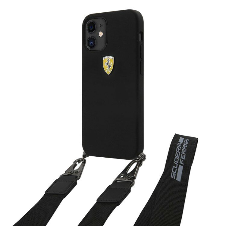 Чехол Ferrari On Track Liquid Silicone with Strap для iPhone 12 mini, черный