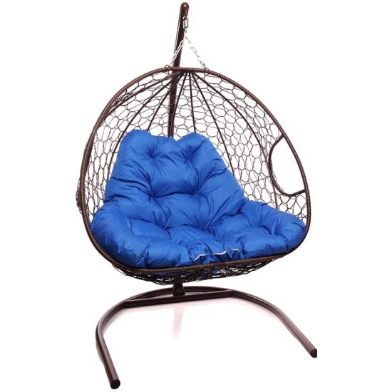 Подвесное кресло кокон двухместное M-group для двоих с ротангом коричневое+синяя подушка