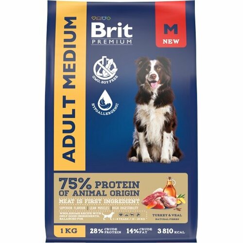 Корм сухой Brit Premium Dog Adult Medium для взрослых собак средних пород 10–25 кг, с индейкой и телятиной 1 кг