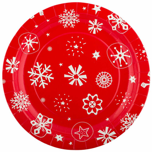 BOOMZEE TRL-02 Тарелки бумажные Круглые d 23 см 6 шт. 12- снежинки на красном фоне