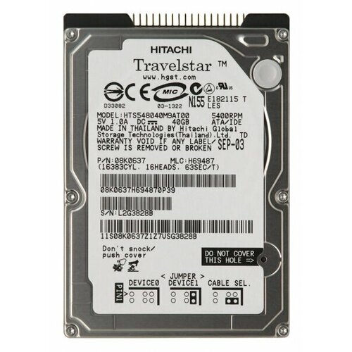 Жесткий диск Hitachi HTS548040M9AT00 40Gb 5400 IDE 2,5 HDD жесткий диск hitachi g0435 40gb 5400 ide 2 5 hdd