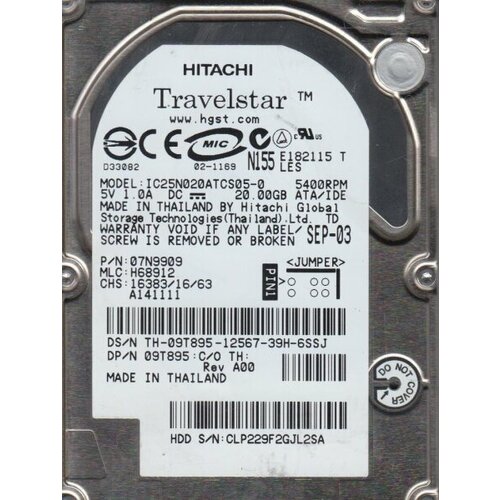 Жесткий диск Hitachi IC25N020ATCS05-0 20Gb 4200 IDE 25 HDD 806000₽