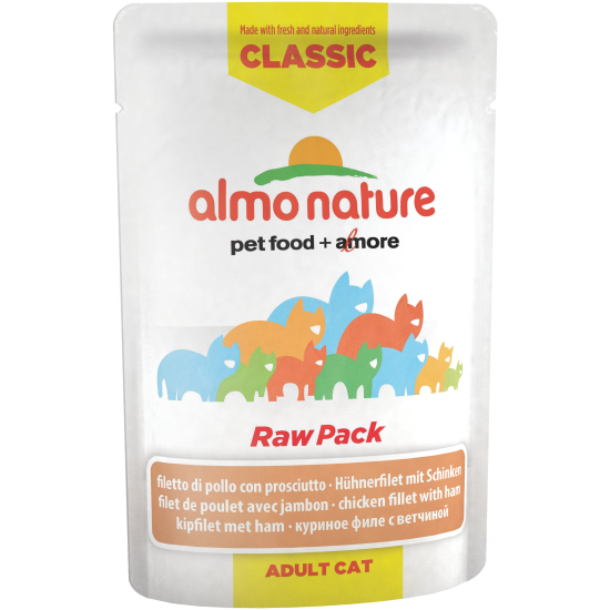 Корм влажный Almo Nature Classic Raw Pack для кошек 75% мяса "Куриное Филе с Ветчиной" 55гх24 шт