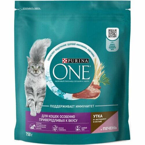 Корм сухой Purina One полнорационный для кошек особенно привередливых к вкусу с высоким содержанием утки и c печенью 750 г