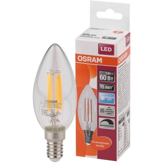 Светодиодная лампа Ledvance-osram OSRAM FIL LSCL B60 DIM 5W/840 230V CL E14 600lm FILLED