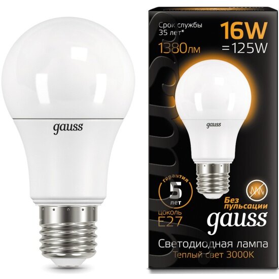 Светодиодная лампа Gauss A60 16W 1440lm 3000K E27 LED (10шт)